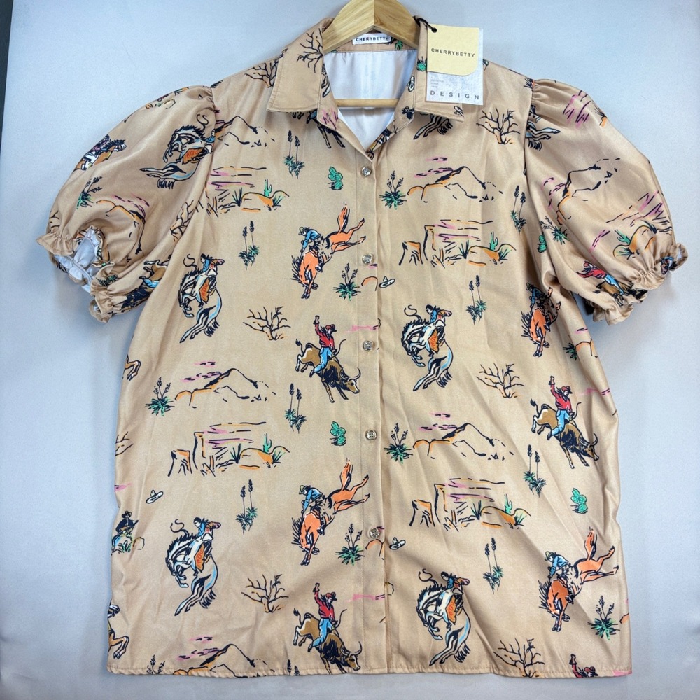CHERRYBETTY Rodeo Western Shirt Women XXL Tan Puff Sleeve Cowgirl NWT